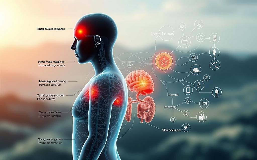 A detailed anatomical diagram of the human body showcasing the intricate connections between the mind and physical ailments. The foreground features a transparent human figure with highlighted areas of psychosomatic conditions such as stress-induced migraines, gastrointestinal issues, and skin conditions. The middle ground depicts a network of neural pathways and hormonal links between the central nervous system and internal organs. The background is a softly blurred, scientific-looking landscape with subtle icons representing the immune system and emotional states. The overall image conveys the powerful, yet often invisible, influence of mental processes on physiological health, capturing the essence of the "Psychosomatische Erkrankungen" concept.