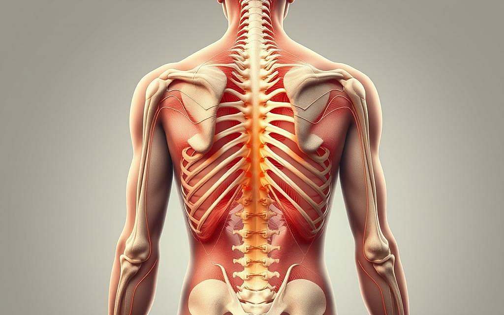 A detailed anatomical illustration showcasing the interconnected network of fascia throughout the human body. Rendered in a soothing, muted color palette, the image depicts the intricate web of connective tissues that extend from the skin's surface to the deepest muscle layers. The central focus is on areas prone to pain and tension, such as the back, shoulders, and joints, with the fascia highlighted to illustrate their role in transmitting and amplifying discomfort. The composition uses a cross-sectional perspective to reveal the subtle interactions between fascia, muscle, and bone, emphasizing the holistic nature of the body's fascial system. Soft, directional lighting casts subtle shadows, accentuating the three-dimensional quality of the anatomy. The overall mood is one of scientific curiosity and a desire to better understand the often overlooked role of fascia in human health and pain management.