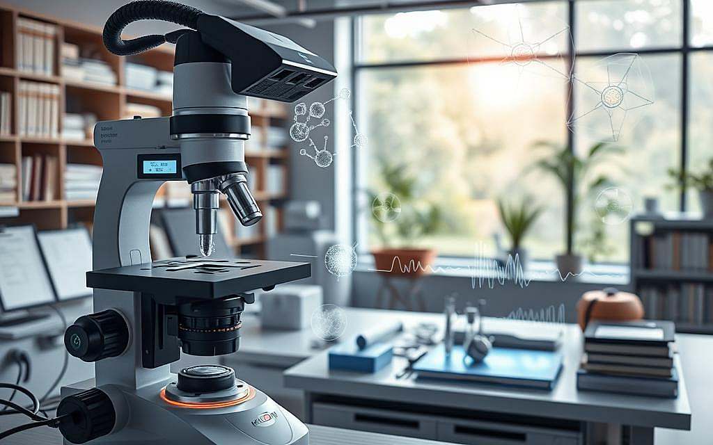 A detailed and serene medical laboratory, featuring advanced quantum biology equipment and intricate molecular models. The foreground showcases a sleek, high-tech microscope with intricate quantum sensors, while the middle ground displays holographic displays of molecular structures and quantum waveforms. The background is filled with bookshelves, scientific journals, and a large window overlooking a tranquil garden, creating a contemplative atmosphere for integrative medical research. Soft, diffused lighting illuminates the scene, evoking a sense of scientific discovery and the intersection of quantum mechanics and biological processes.