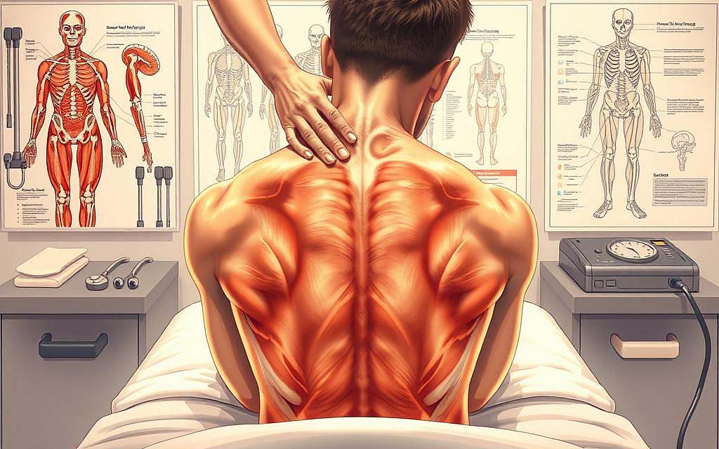 A detailed, clinical illustration of a Faszienbehandlung therapy session. The central focus is a person receiving a deep tissue massage, their back exposed and muscles visible. The masseur's hands work carefully along the fascia, applying pressure and releasing tension. The lighting is soft and warm, creating an atmosphere of relaxation and healing. The background features anatomical diagrams and medical equipment, suggesting a professional, therapeutic setting. The overall mood is one of expertise, care, and the body's intricate connective tissue network.