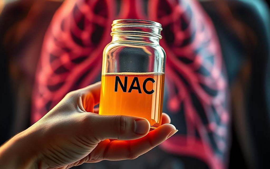 A detailed close-up view of a human hand holding a transparent glass jar filled with a golden-amber liquid, representing N-Acetylcysteine (NAC). The jar is set against a blurred background of lungs and respiratory anatomy, conveying the medicinal application of NAC for respiratory health. Warm, natural lighting illuminates the scene, highlighting the jar's contents and the delicate skin texture of the hand. The composition emphasizes the therapeutic nature of NAC, suggesting its role as an antioxidant and mucolytic agent for improved lung function and detoxification.