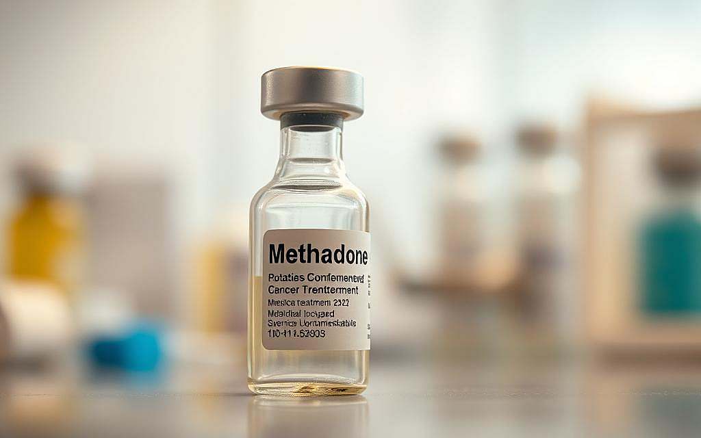 A detailed close-up view of a medical dosage of methadone, positioned prominently in the foreground. The methadone is displayed in a glass vial or container, with the label and branding clearly visible, suggesting its use in a clinical setting. The background is a softly blurred medical laboratory or hospital environment, hinting at the context of cancer treatment. Soft, warm lighting casts a subtle glow, evoking a sense of medical professionalism and care. The composition draws the viewer's attention to the methadone, highlighting its role and importance in the complementary cancer treatment being depicted.