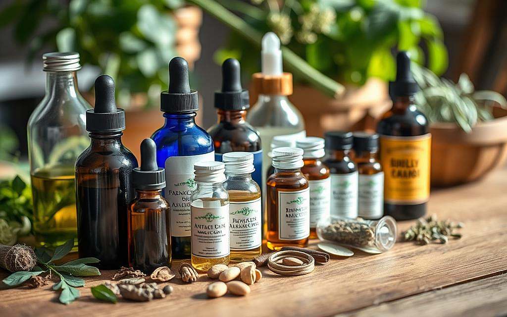 A detailed closeup of various phytotherapeutic antibiotics, including different herbal extracts, tinctures, and essential oils, arranged neatly on a wooden table. Soft, natural lighting illuminates the scene, highlighting the organic textures and colors of the natural remedies. In the background, out of focus, are some fresh medicinal plants and herbs, suggesting the connection between traditional plant-based healing and modern pharmaceutical developments. The overall mood is one of scientific curiosity and appreciation for the potential of nature-derived therapies, reflecting the pioneering work of Robert Koch and the evolving understanding of alternative medicine in the context of emerging bacteriology.