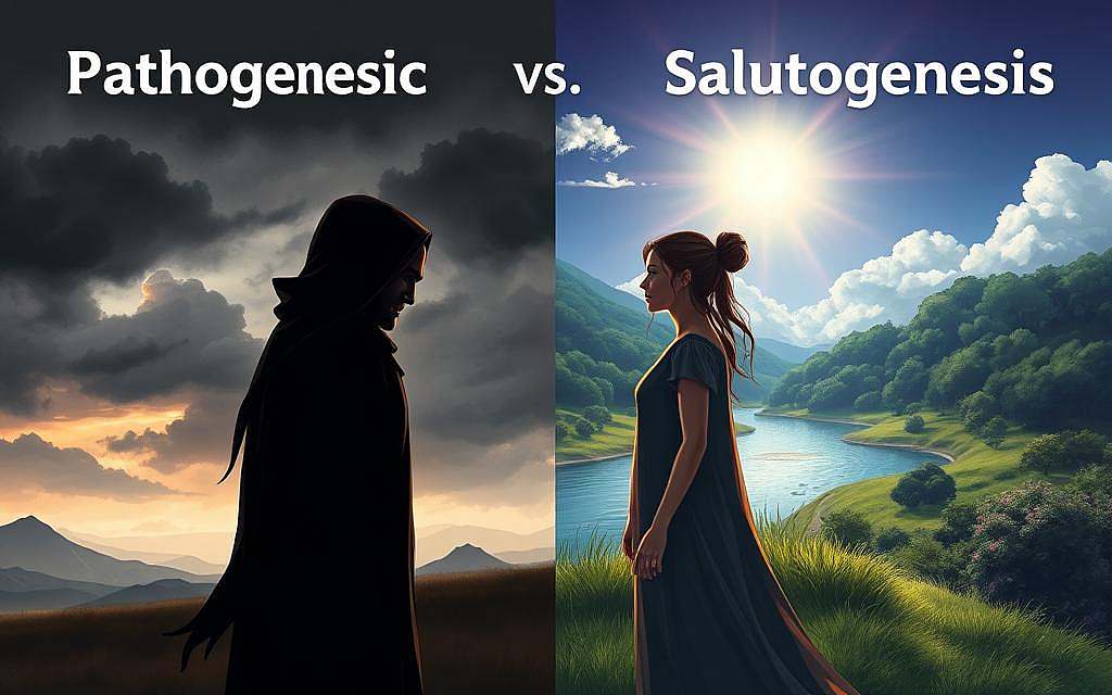 A detailed comparison of pathogenesis and salutogenesis, depicted as a split-screen illustration. On the left, a dim, shadowy landscape symbolizing disease and illness, with gloomy clouds and a somber atmosphere. On the right, a vibrant, sun-drenched scene representing health and wellbeing, with lush greenery, a serene lake, and a sense of tranquility. In the center, two figures - one dark and foreboding, the other radiant and empowered - facing each other, highlighting the contrasting perspectives. The lighting is dramatic, with dramatic chiaroscuro effects, and the composition is balanced, inviting the viewer to explore the nuances between the two approaches to health and disease.