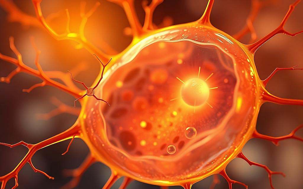 A detailed cross-section of a human cell, illuminated by a warm, golden light. In the foreground, delicate neuronal connections traverse the cell membrane, symbolizing the intricate psychosomatic influences on cellular biology. Within the cytoplasm, organelles pulsate with vibrant hues, depicting the dynamic interplay between the mind and the body. The nucleus, the cell's control center, radiates a subtle aura, suggesting the profound impact of emotional and psychological states on genetic expression and cellular function. The background is softly blurred, emphasizing the focus on the intricate cellular landscape and the harmonious integration of mind and body.