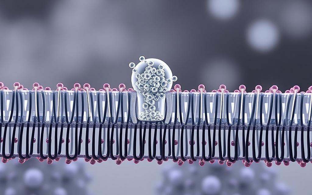 A detailed cross-section of a nanoparticle penetrating a cell membrane. The nanoparticle, rendered in intricate detail, is gradually piercing through the semi-permeable lipid bilayer, revealing the complex molecular structures and nanoscale interactions occurring at the interface. The foreground showcases the dynamic process, with the nanoparticle's surface features and the membrane's phospholipids clearly visible. The middle ground depicts the internal cellular components, hinting at the potential impact of nanoparticle infiltration. The background is rendered in muted tones, emphasizing the microscopic scale and the profound implications of this molecular-level event.