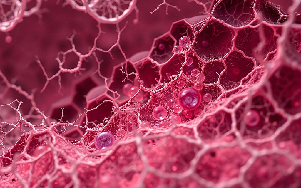 A detailed cross-section of the extracellular matrix and cellular microenvironment. In the foreground, a network of collagen fibrils, proteoglycans, and adhesive glycoproteins. In the middle ground, various cell types embedded within this intricate meshwork, including fibroblasts, immune cells, and endothelial cells. In the background, a diffuse haze of growth factors, cytokines, and signaling molecules, creating a dynamic, interactive milieu. Soft, muted lighting illuminates the subtle textures and translucent qualities of the biological structures. Captured with a high-resolution, macro lens to reveal the complex, intertwined nature of the cellular niche and its role in regulating tissue homeostasis and repair.