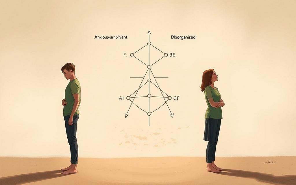 A detailed illustration depicting the four fundamental attachment styles - secure, anxious-ambivalent, avoidant, and disorganized. The foreground showcases four distinct human figures, each embodying one attachment type through their posture, facial expressions, and interpersonal dynamics. The middle ground features a subtle symbolic representation of the attachment theory, with abstract shapes and lines connecting the figures. The background is a muted, warm-toned environment, evoking a sense of psychological depth and introspection. The lighting is soft and diffused, creating a contemplative mood. The perspective is slightly elevated, allowing the viewer to observe the attachment styles from an insightful, almost clinical angle. The overall composition is balanced and visually engaging, guiding the audience through the core concepts of the attachment theory.