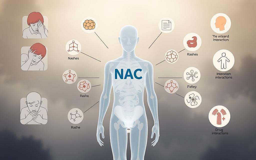 A detailed illustration of potential side effects and interactions associated with the supplement N-Acetylcysteine (NAC). In the foreground, a translucent human figure experiences various ailments, such as nausea, rashes, and digestive discomfort. The middle ground depicts a molecular structure of NAC, surrounded by icons representing potential drug interactions and health complications. The background features a hazy, subdued color palette, evoking a sense of caution and awareness. The lighting is soft and diffused, creating an atmosphere of thoughtful contemplation. The composition emphasizes the importance of understanding the nuances and complexities of NAC's impact on the human body.