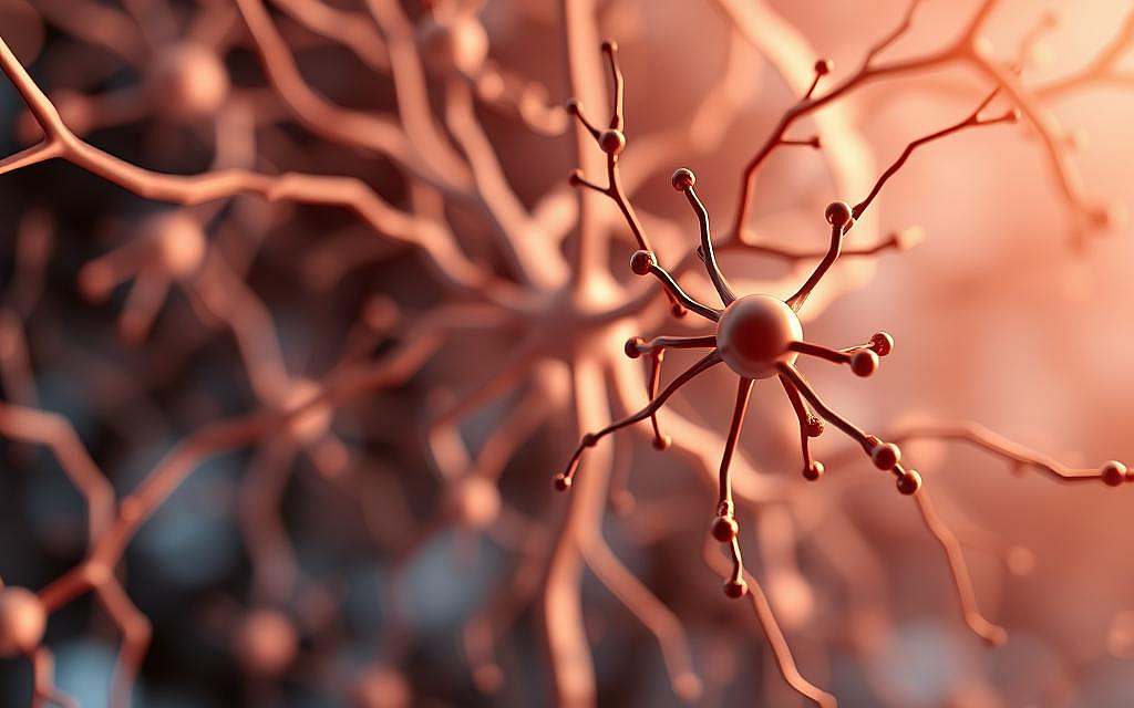A detailed illustration of the human neurotransmitter system, showcasing the intricate network of chemical messengers that regulate mood, cognition, and behavior. The image should depict the key neurotransmitters, such as serotonin, dopamine, and norepinephrine, against a softly blurred backdrop of neural pathways and synaptic connections. The composition should be balanced, with the neurotransmitters in the foreground, highlighted by warm, diffuse lighting that creates a sense of depth and atmosphere. The overall aesthetic should be clean, scientific, and visually captivating, reflecting the complex biological processes underlying bipolar disorder.