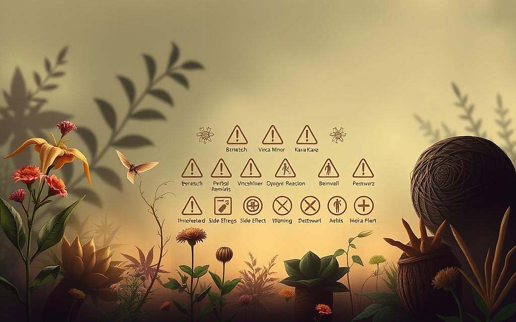 A detailed illustration showcasing the potential side effects and risks associated with a variety of medicinal plants. The foreground depicts various herbal remedies, including Borretsch, Vinca Minor, Kava Kava, Beinwell, and Pestwurz, each surrounded by a faint, unsettling aura. The middle ground features a series of symbolic icons representing potential adverse reactions, such as warning signs, caution symbols, and medical alerts. The background is hazy and atmospheric, with a muted color palette suggesting a sense of caution and unease. The lighting is soft and moody, creating an air of contemplation and introspection. The overall composition is balanced and cohesive, drawing the viewer's attention to the careful consideration required when using these natural remedies.