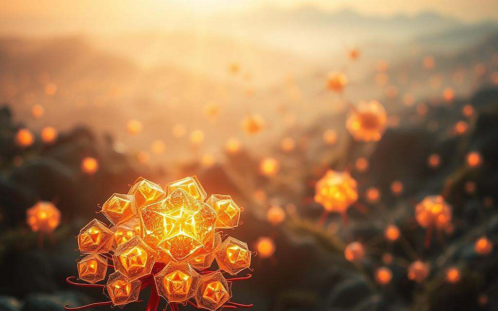 A detailed, luminous scene of cellular regeneration. In the foreground, a cluster of glowing, geometric cells undergoing division and renewal, their intricate structures shimmering with vibrancy. The middle ground reveals a tapestry of interconnected cells, their gossamer networks pulsing with an electric, life-affirming energy. In the background, a hazy, ethereal landscape suggests the vastness of the cellular universe, with subtle gradients of light and shadow evoking a sense of balance and harmony. The lighting is soft, diffuse, and naturalistic, casting a warm, therapeutic glow. The perspective is slightly elevated, inviting the viewer to observe this captivating cellular ballet with a sense of wonder and reverence.