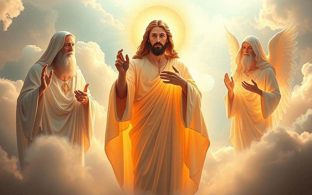 A detailed, photorealistic depiction of the Christian Trinity - God the Father, God the Son, and God the Holy Spirit - presented in a serene, ethereal atmosphere. The three divine figures are depicted as radiantly glowing, translucent celestial beings, bathed in a warm, golden light emanating from the central figure of Christ. The background is a vast, cloudlike expanse of soft, misty tones, evoking a sense of the divine and the transcendent. The overall composition is balanced and harmonious, guiding the viewer's gaze towards the central Trinity, symbolizing the unity and interconnectedness of the Christian Godhead.