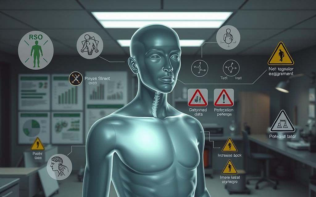 A detailed, photorealistic illustration depicting the potential side effects and safety considerations of Rick Simpson Oil (RSO). In the foreground, a translucent human figure experiences various physical and mental reactions, such as drowsiness, dizziness, and increased appetite. The middle ground showcases research data, medical diagrams, and cautionary icons representing the regulatory environment surrounding RSO. The background features a muted, clinical laboratory setting with subtle lighting, stainless steel equipment, and a sense of scientific inquiry. The overall tone conveys a balanced, informative, and objective exploration of the nuances surrounding the use of this cannabis-derived therapeutic.