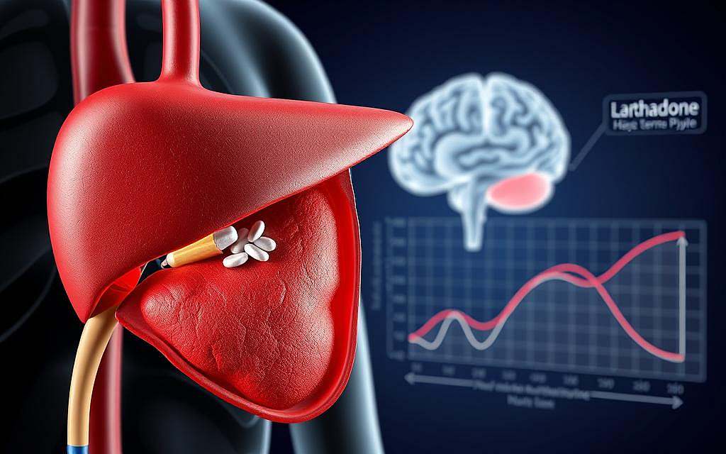 A detailed, photorealistic medical illustration depicting the long-term effects of methadone treatment. The foreground shows a cross-section of the human liver, highlighting the accumulation of methadone and its metabolites over an extended period. The middle ground features a 3D anatomical model of the brain, showcasing the impact of chronic methadone exposure on neurotransmitter systems and neural pathways. In the background, a graph or chart visualizes the pharmacokinetic profile of methadone, illustrating its long half-life and gradual clearance from the body. The overall scene conveys the complex, systemic nature of methadone's long-term physiological consequences, with a clinical, objective aesthetic suitable for a medical publication.