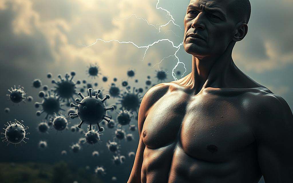 A detailed scene of a human body under stress, with the immune system visibly struggling to maintain balance. In the foreground, a torso appears tense and anxious, with jagged lightning-like energy pulsing through it. In the middle ground, white blood cells scramble to defend against a swarm of dark, ominous shapes representing various stressors. The background fades into a hazy, dreamlike landscape, evoking the subconscious connection between the mind and body. Dramatic chiaroscuro lighting casts deep shadows, heightening the sense of unease and strain. The overall mood is one of inner turmoil, with the fragile equilibrium of the immune system hanging in the balance.