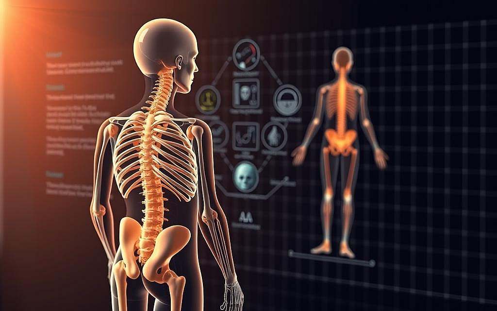 A detailed scientific diagram showcasing the fundamental principles of osteopathy. In the foreground, a cross-sectional view of the human musculoskeletal system, highlighting the interconnected nature of bones, joints, and soft tissues. In the middle ground, abstract representations of the body's natural self-regulating mechanisms, such as fluid dynamics and neurological pathways. In the background, a subtle grid or wireframe structure, conveying the precise, evidence-based foundations of osteopathic theory. The scene is illuminated by a warm, natural light source, creating a sense of depth and clarity. The overall atmosphere is one of scientific rigor and holistic understanding, perfectly suited to illustrate the "Wissenschaftliche Grundlagen der Osteopathie" section of the article.