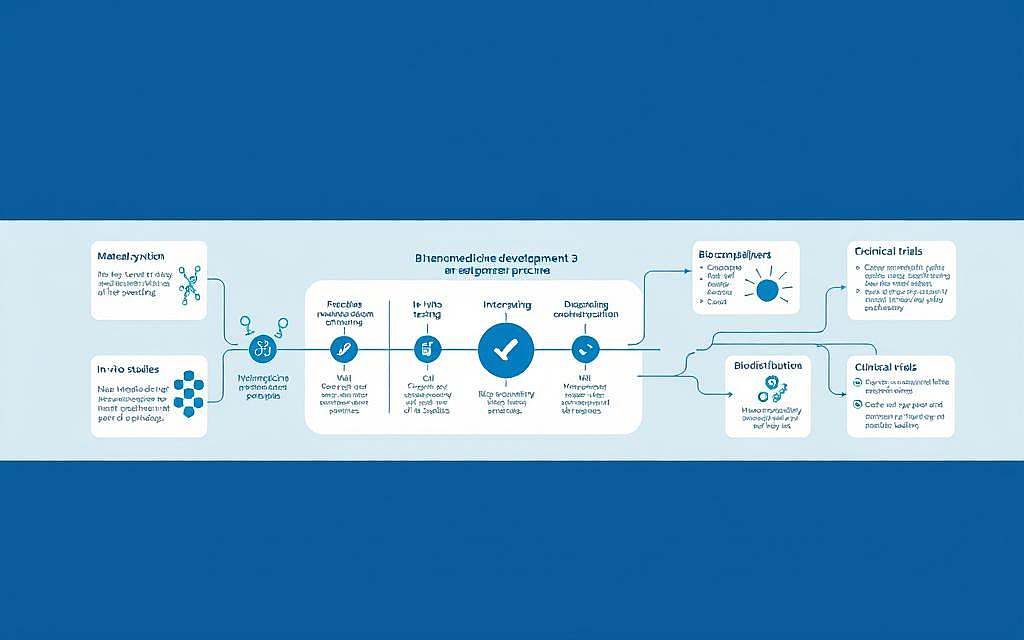 A detailed scientific illustration showcasing the safety standards and risk assessment protocols in nanomedical research. Set against a clean, minimalist background, the image features a central diagram depicting the various stages of the nanomedicine development pipeline, including material synthesis, in-vitro testing, in-vivo studies, and clinical trials. Surrounding this core schematic are smaller inset panels highlighting key safety benchmarks, such as biocompatibility, biodistribution, and toxicology analyses. The color palette is predominantly cool-toned, with blue-gray hues conveying a sense of precision and clinical rigor. Thin, crisp lines and geometric shapes lend an air of technical sophistication, while subtle shadows and highlights add depth and dimensionality to the overall composition.