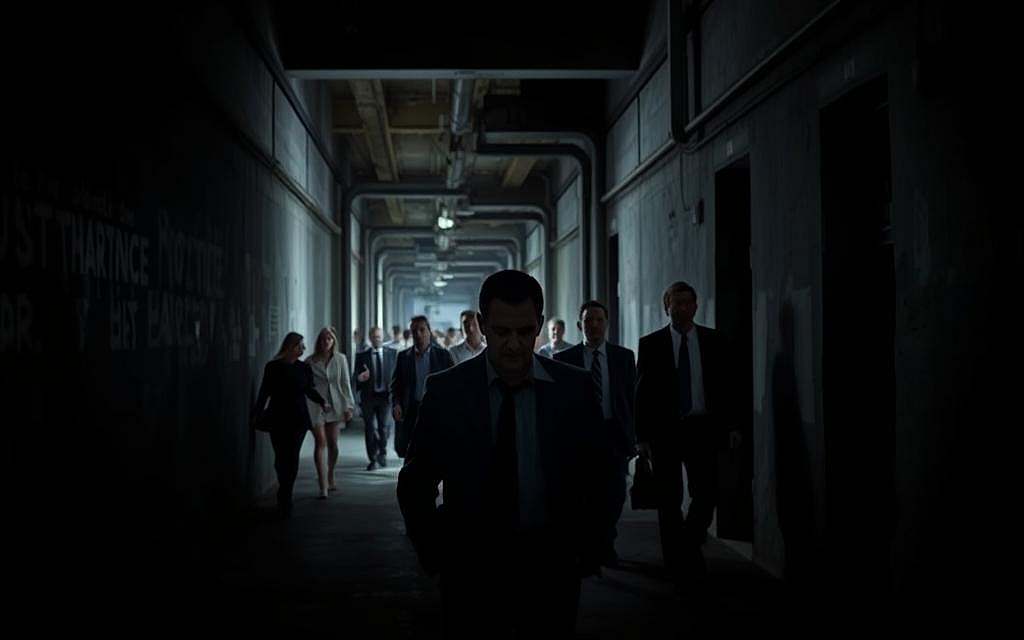 A dimly lit alleyway, cast in deep shadows, where figures of self-serving individuals move with purpose, ignoring the plight of those around them. In the foreground, a lone figure stands, hands in pockets, gaze fixed inward, oblivious to the chaos unfolding. In the middle ground, a group of well-dressed people hustle past, eyes averted, consumed by their own agendas. The background is a maze of concrete and steel, a metaphor for the cold, uncaring system that enables such selfish behavior. The scene is bathed in a harsh, industrial lighting, creating a sense of unease and disconnection. The overall mood is one of indifference, where personal gain trumps any concern for the collective good.