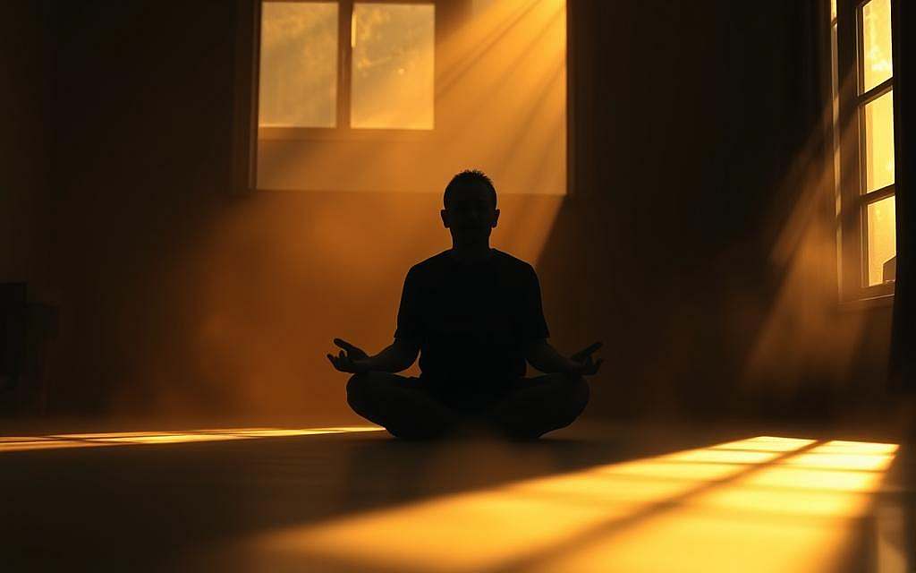 A dimly lit, atmospheric scene depicting the spiritual essence of Heidegger's philosophy. In the foreground, a lone figure, shrouded in shadow, sits in a meditative pose, their face obscured. Shafts of warm, amber light filter through a window, casting a hazy glow that infuses the space with a sense of contemplation and inner reflection. The background is hazy, with indistinct shapes and forms that evoke a sense of the mystical and the unknowable. The lighting is soft and muted, creating a sense of tranquility and introspection. The overall mood is one of quiet contemplation, capturing the intersection of Heidegger's ontological explorations and his engagement with spiritual and existential themes.