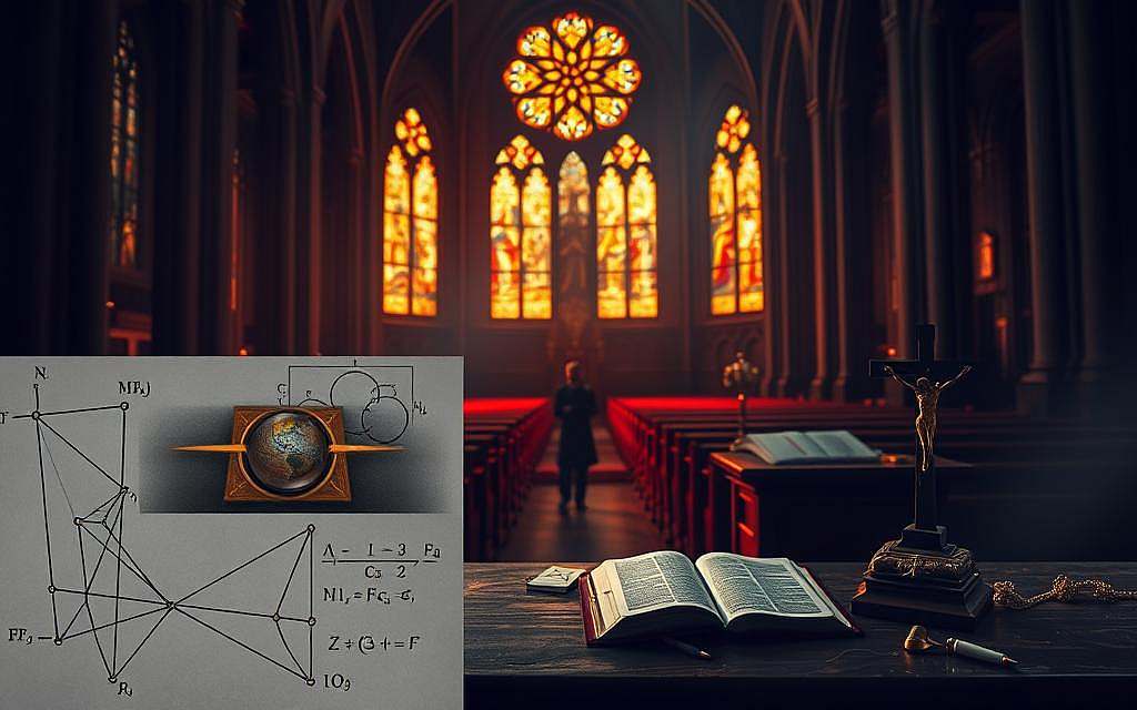 A dimly lit cathedral interior, the stained glass windows casting warm, ethereal light upon the pews. In the foreground, a clash of symbols - a scientific diagram, equations scrawled upon a chalkboard, contrasted with a Bible and a crucifix resting upon an altar. The middle ground reveals a lone figure, deep in contemplation, the weight of reconciling faith and reason etched upon their face. The background fades into an atmospheric haze, suggesting the profound mystery at the heart of this tension between Wissenschaft and Glaube.