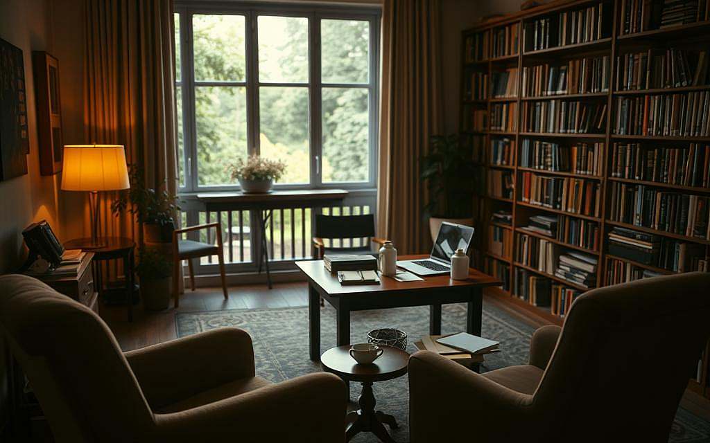 A dimly lit, cozy psychotherapy office. In the foreground, a comfortable armchair and a small side table with a notebook and pen. In the middle ground, a wooden desk with a laptop, cups of tea, and scattered papers. The background features tall bookshelves filled with volumes on psychology, and a large window overlooking a tranquil garden. Soft, warm lighting creates a serene, introspective atmosphere, inviting the viewer to contemplate the process of uncovering and integrating repressed memories. The scene conveys a sense of safety, trust, and the gentle exploration of the human psyche.