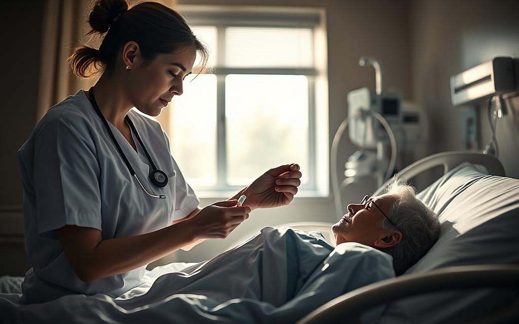 A dimly lit hospital room, with a patient resting peacefully on a hospital bed. Soft, warm lighting illuminates the scene, casting gentle shadows. In the foreground, a nurse carefully administers methadone, a crucial medication for palliative care, to the patient. The nurse's expression is one of empathy and care, reflecting the compassionate nature of palliative treatment. In the background, medical equipment and a window offering a glimpse of the outside world, suggesting the patient's connection to the world beyond their illness. The atmosphere is serene, conveying a sense of comfort and dignity in the patient's final moments. The image captures the delicate balance of pain management and quality of life that defines methadone's role in palliative care.