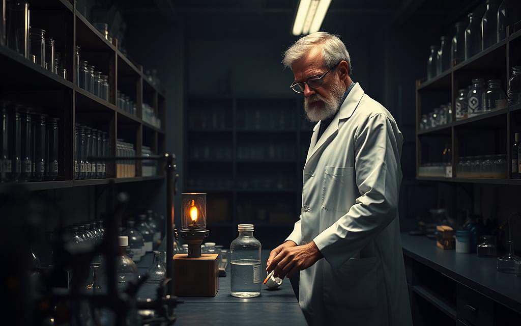 A dimly lit laboratory interior, with shelves of glassware and scientific instruments lining the walls. In the center, Robert Koch, dressed in a crisp white lab coat, stands over a workbench, carefully disinfecting equipment with a solution of chemicals. His face is illuminated by the soft glow of a Bunsen burner, his expression one of deep concentration as he meticulously follows his own principles of hygiene and prevention. The room has an air of precision and order, reflecting Koch's rigorous scientific approach to microbiology and disease control.
