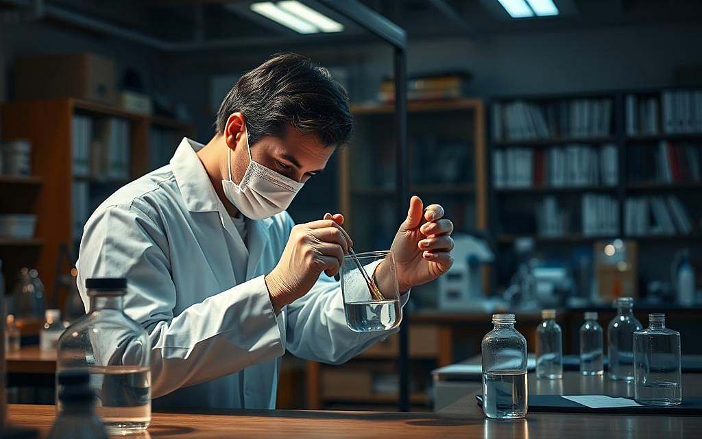A dimly lit laboratory, with an array of scientific equipment and glassware on sturdy wooden workbenches. In the foreground, a researcher in a white lab coat carefully measures a clear liquid into a beaker, their face partially obscured by a mask. Soft, warm lighting casts a contemplative glow, as they examine the sample with a focused expression. In the background, shelves of neatly organized books and journals line the walls, hinting at the depth of research and knowledge gathered in this space. The atmosphere is one of intense concentration and diligent scientific inquiry, befitting the study of Methadon and its potential applications in complementary medicine.