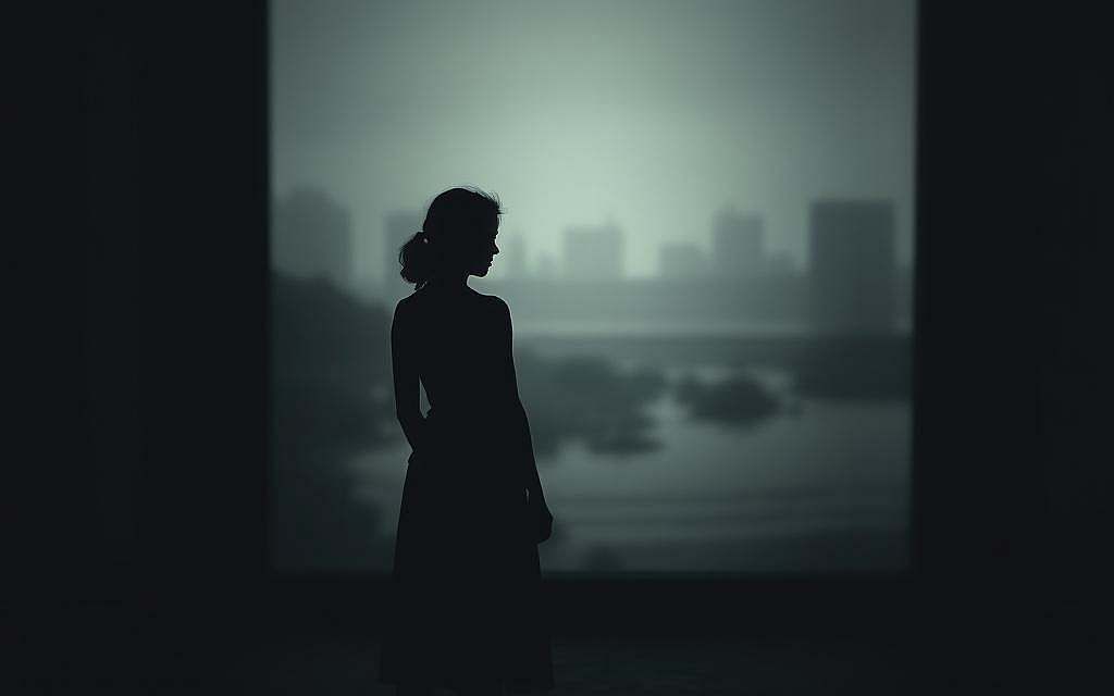 A dimly lit, moody interior scene. In the foreground, a lone female figure stands with her back turned, partially obscured by shadows. Her body language exudes a sense of isolation and detachment. The middle ground is hazy, with indistinct shapes and forms suggesting a distorted, dreamlike environment. In the background, a blurred, abstract landscape serves as a metaphor for the philosophical concept of "the Other." The lighting is subdued, creating a somber, introspective atmosphere. The composition and framing draw the viewer's focus to the central figure, inviting contemplation of her position as the "Other" in Beauvoir's philosophical framework.
