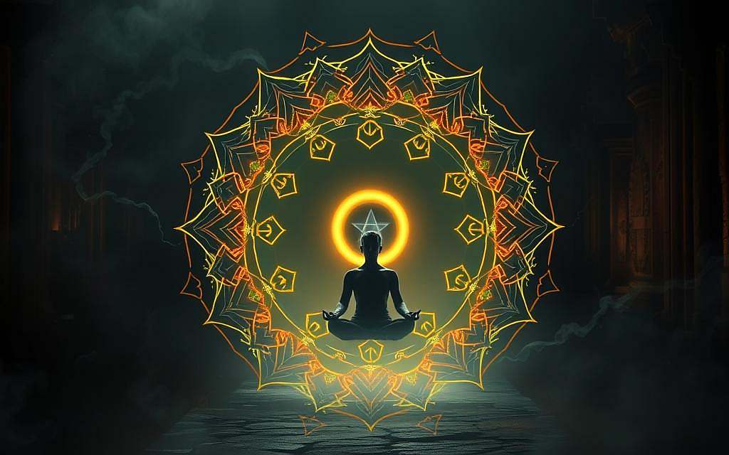 A dimly lit, mystical scene depicting the transformative power of mantras. In the foreground, an ornate, glowing mandala comprised of sacred geometric shapes and vibrant chakra colors. Tendrils of energy emanate from the mandala, swirling and pulsing with a divine, otherworldly luminescence. In the middle ground, a serene, cross-legged figure sits in meditation, surrounded by a halo of ethereal light. The background is shrouded in a mist of incense, with hints of ancient, carved stone structures barely visible. The overall atmosphere is one of deep spirituality, ancient wisdom, and the profound, alchemical effects of mantra recitation.