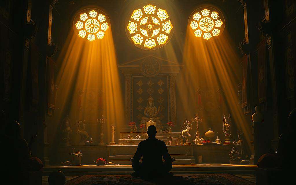 A dimly lit, mystical temple interior with a central altar adorned with ancient Tantric symbols and artifacts. Rays of golden light filter through stained glass windows, casting a warm, ethereal glow. In the foreground, a lone figure sits in a meditative pose, facing the altar. The atmosphere is imbued with a sense of contemplation and the pursuit of spiritual enlightenment. Subtle hues of red, white, and black permeate the scene, reflecting the diverse aspects of Tantric practice. The overall composition evokes the challenges and transformative potential of the Tantric path.