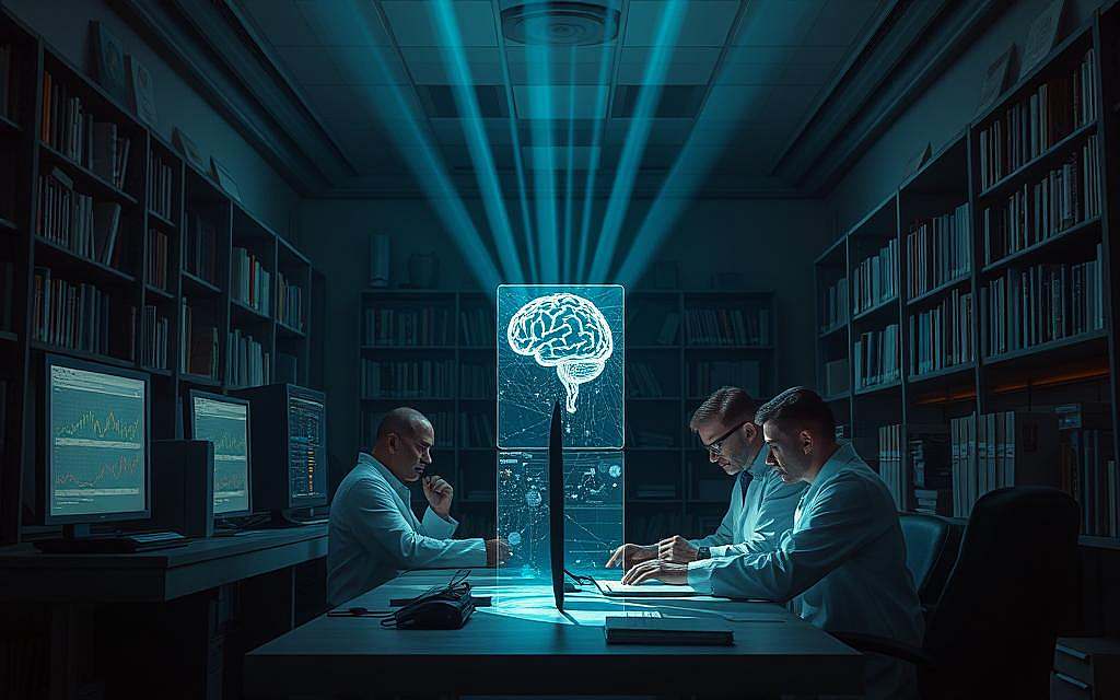 A dimly lit research laboratory, illuminated by the soft glow of computer screens and a holographic projection in the center. Bookshelves line the walls, filled with tomes on parapsychology, quantum physics, and the mysteries of the mind. A team of scientists in white coats pore over data, their expressions intense as they explore the boundaries of human consciousness and the potential for extrasensory perception. The atmosphere is one of quiet contemplation, tinged with a sense of wonder and the thrill of the unknown. Beams of light emanate from the holographic display, casting ethereal shadows and hinting at the unseen forces that may lie beyond the veil of our everyday reality.
