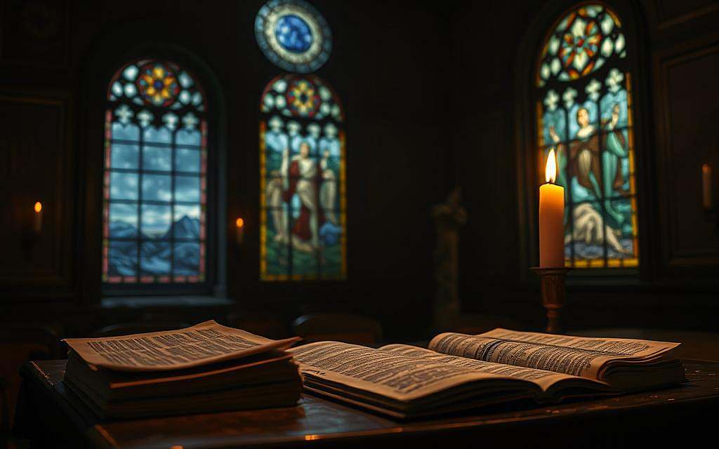 A dimly lit room, filled with a sense of introspection and contemplation. In the foreground, a table with ancient tomes and scrolls, their pages weathered by time, hinting at the depth of philosophical and spiritual knowledge they contain. Overhead, a lone candle casts a warm, flickering glow, casting shadows that dance across the walls, symbolizing the interplay of doubt and belief. In the background, a stained-glass window, depicting a cosmic landscape, invites the viewer to ponder the mysteries of the universe. The overall atmosphere is one of reverence and thoughtful examination, capturing the essence of "Skeptizismus und Glaubenssysteme" - a critical exploration of the delicate balance between skepticism and faith.