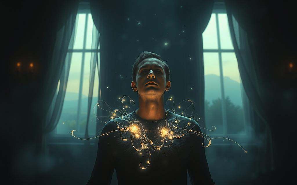 A dimly lit room, soft mystical light emanating from unseen sources, casting an ethereal glow upon a figure in the center. Shimmering orbs and wisps of energy swirl around the subject, who appears to be in a state of deep contemplation or trance. The figure's eyes are closed, expression serene, as if channeling unseen forces. In the background, a hazy, dreamlike landscape unfolds, suggesting a realm beyond the physical. Hints of occult symbols and arcane artifacts hint at the subject's connection to the metaphysical. The entire scene evokes a sense of the uncanny, of realms unseen and experiences transcending the mundane.