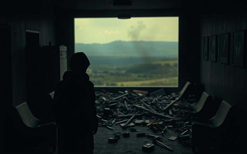 A dimly lit room, the air thick with a sense of unease. In the foreground, a figure embodying Dummheit - a faceless, amorphous entity, its shapeless form casting a shadow of ignorance and irrationality across the scene. The middle ground reveals a chaotic jumble of disconnected objects, symbolizing the disarray and confusion that Dummheit leaves in its wake. In the background, a blurry, indistinct landscape, hinting at the far-reaching consequences of this invisible menace. The lighting is somber, casting an ominous glow that heightens the sense of danger and the unseen harm caused by this insidious force. The overall atmosphere conveys a sense of unease, a warning of the perilous effects of Dummheit and irrational behavior.