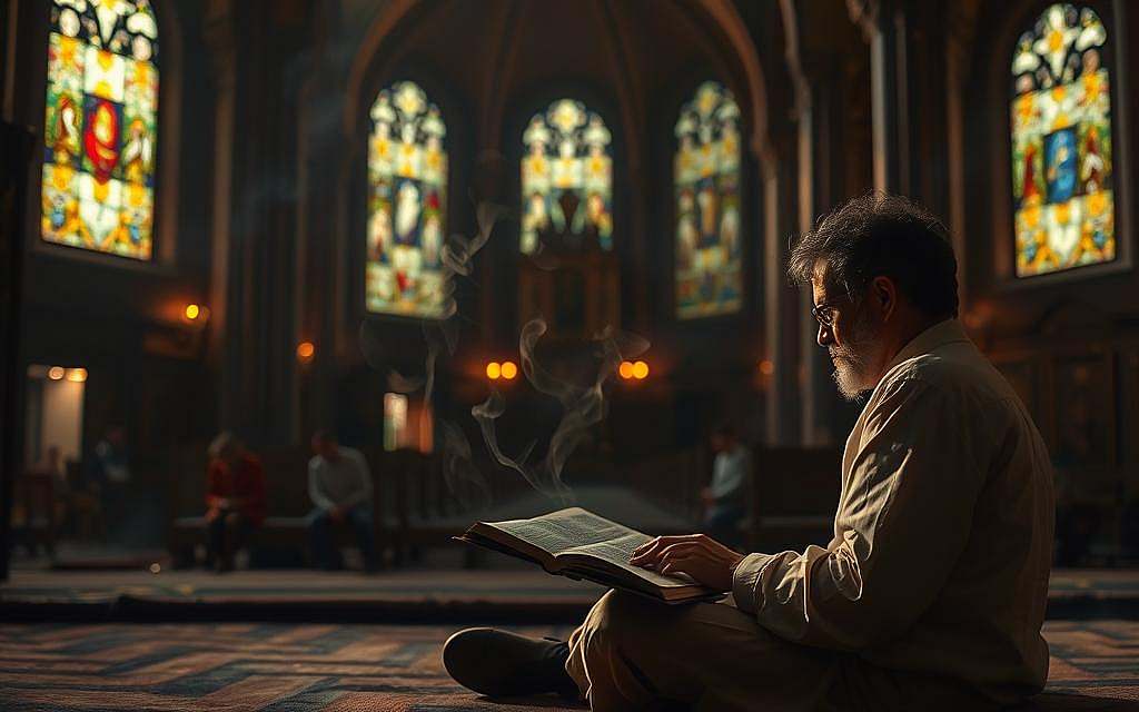 A dimly lit sanctuary, stained glass windows casting a warm glow. In the foreground, a religious scholar sits cross-legged, poring over ancient texts, their face illuminated by the soft light. Wispy tendrils of incense drift through the air, creating an atmosphere of contemplation and spiritual inquiry. In the middle ground, worshippers kneel in prayer, lost in deep meditation. The background reveals the soaring arches and ornate architectural details of the religious space, hinting at the rich heritage and tradition that informs the hermeneutical process. The overall scene conveys a sense of reverence, introspection, and the timeless pursuit of understanding the divine.