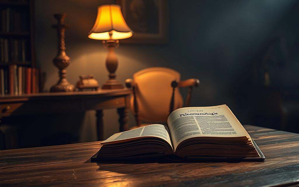 A dimly lit study, filled with the warm glow of an ornate desk lamp. In the foreground, an open book with a German title "Phänomenologie" rests on a weathered mahogany table, its pages illuminated by the soft light. In the middle ground, a simple but elegant chair invites the viewer to take a seat and delve into the philosophical text. The background is shrouded in a hazy, contemplative atmosphere, with shadows playing across the walls, hinting at the depth and complexity of the subject matter. The overall scene evokes a sense of scholarly inquiry, a quiet space for deep reflection on the nature of being, time, and consciousness - the central themes of Heidegger's phenomenological exploration.