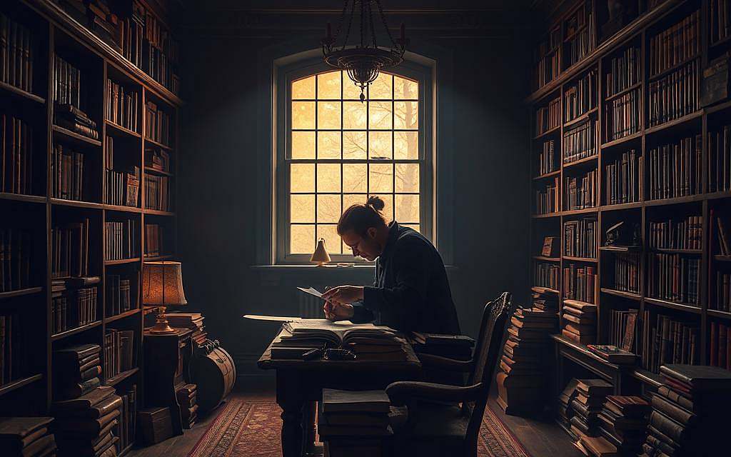 A dimly lit study, its walls lined with ancient tomes. In the center, a figure sits hunched over a desk, poring over a stack of documents, lost in the intricacies of political hermeneutics. Soft, amber light filters through the window, casting a contemplative glow on the scene. The air is thick with the weight of understanding, as the scholar delves deeper into the nuances of political discourse, seeking to unravel the layers of meaning hidden within. Wooden shelves, brass lamps, and a sense of timeless wisdom pervade the space, evoking the profound depths of comprehending the political landscape.