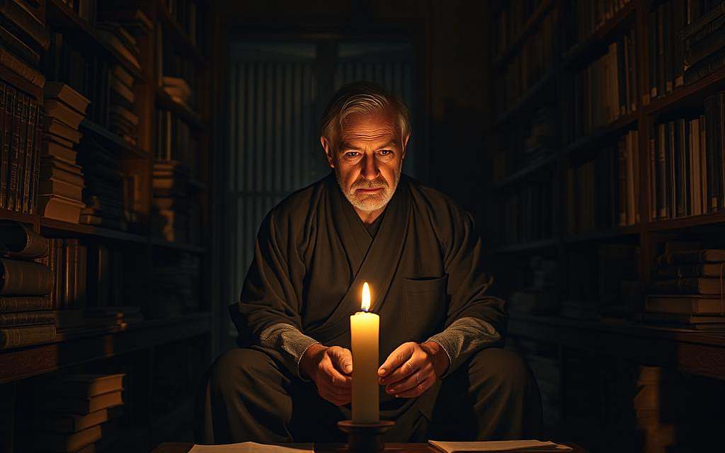 A dimly lit study, the walls lined with leather-bound books, casting shadows that dance across the floor. In the center, a solitary figure sits, lost in contemplation, his gaze fixed on the flickering candle before him. The air is heavy with the scent of ink and parchment, a tangible reflection of the weighty philosophical questions that consume his thoughts. The figure, dressed in somber robes, represents the philosopher's "Sein-zum-Tode" - his grappling with the inevitability of death and the quest for authentic existence. Soft, warm lighting illuminates his pensive expression, the wrinkles of his brow and the gravity of his countenance conveying the depth of his introspection. This scene embodies the essence of Heidegger's existential inquiry, a window into the profound search for meaning amidst the human condition.