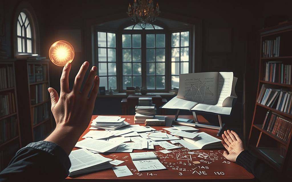 A dimly lit study, where the clash between intuition and rationality takes center stage. In the foreground, a pair of hands, one reaching up towards a glowing orb, the other grasping a scattered pile of academic papers. The middle ground features a wooden desk, its surface covered in a jumble of mystical symbols and mathematical equations, hinting at the dichotomy between the esoteric and the empirical. In the background, a large window casts a soft, ethereal light, creating a sense of balance and contemplation. The atmosphere is one of tension and introspection, as the viewer is drawn into the delicate dance between the two opposing forces of the mind.