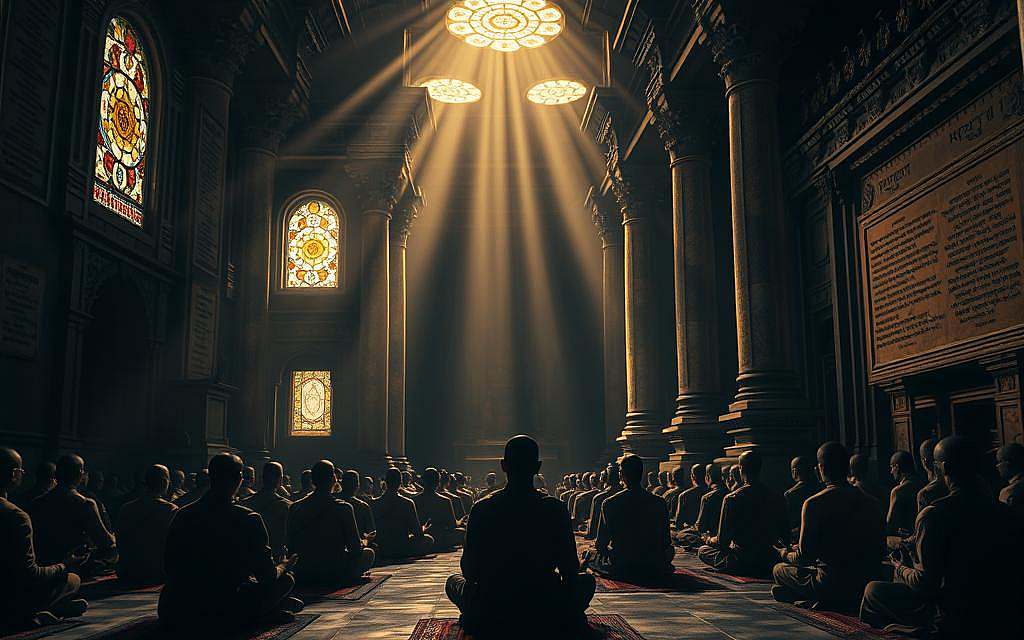 A dimly lit temple interior, adorned with ancient Sanskrit scriptures and intricate stone carvings. In the foreground, a group of meditating monks sit cross-legged, their faces serene as they chant sacred mantras. Rays of warm, golden light filter through stained glass windows, casting a reverent glow upon the scene. The middle ground features towering stone pillars and ornate architectural details, conveying a sense of timelessness and mysticism. In the background, a vast, shadowy expanse suggests the profound depths of the spiritual tradition. The overall atmosphere is one of deep contemplation, reverence, and the powerful resonance of ancient wisdom.