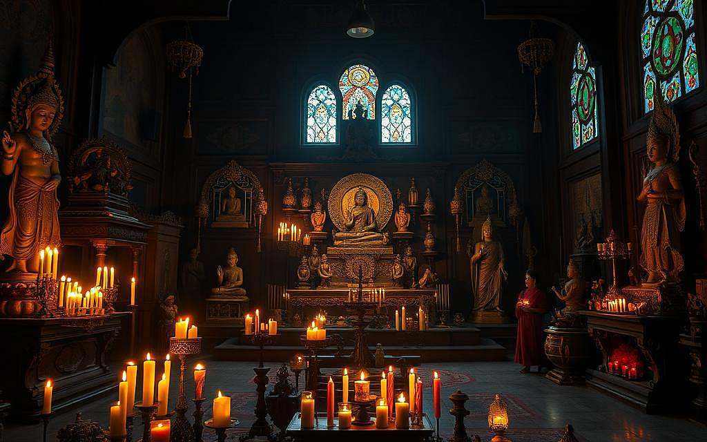 A dimly lit temple interior, with ornate altars and statues representing various spiritual traditions. In the foreground, an arrangement of candles, incense, and sacred objects, casting a warm, meditative glow. The middle ground features a diverse collection of hand-carved idols, intricate mandalas, and ritual implements, each imbued with symbolic meaning. The background showcases stained glass windows, softly illuminating the space with a mystical, otherworldly ambiance. The overall scene conveys a sense of reverence, unity, and the interconnectedness of spiritual practices from around the world.