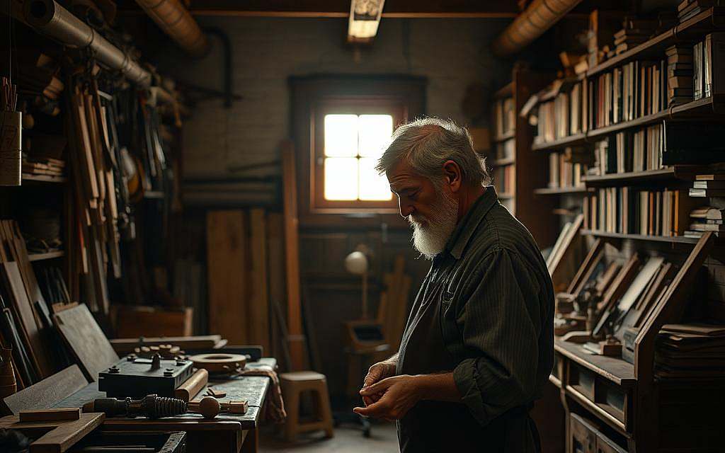 A dimly lit workshop, filled with an array of tools and half-finished projects. The air is thick with the scent of wood, metal, and the aroma of coffee. In the center, a skilled craftsman stands, deep in contemplation, his weathered hands caressing the smooth surface of a wooden object. The light from a single window casts a warm glow, revealing the intricate details of his work. The scene evokes a sense of Zuhandenheit, the practical, intuitive engagement with the world. In the background, a bookshelf filled with tomes on philosophy and metaphysics, hinting at the Vorhandenheit, the theoretical, detached understanding of being. The image conveys a balance between the practical and the abstract, the tactile and the conceptual, embodying the essence of Heidegger's exploration of Sein, Zeit, and Bewusstsein.
