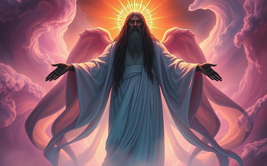 A divine figure, Jahwe, stands tall and imposing, his face obscured by a shimmering halo of light. Billowing robes cascade around him, imbued with the shades of a vibrant, otherworldly palette. The background is a dreamscape of undulating forms and ethereal wisps, hinting at a future vision of spirituality and interconnectedness. Soft, directional lighting casts dramatic shadows, adding depth and a sense of mystery. The overall atmosphere is one of awe-inspiring power, tempered by a transcendent, mystical quality. This image captures Jahwe's enduring presence and the evolving role of the divine in the 21st century.