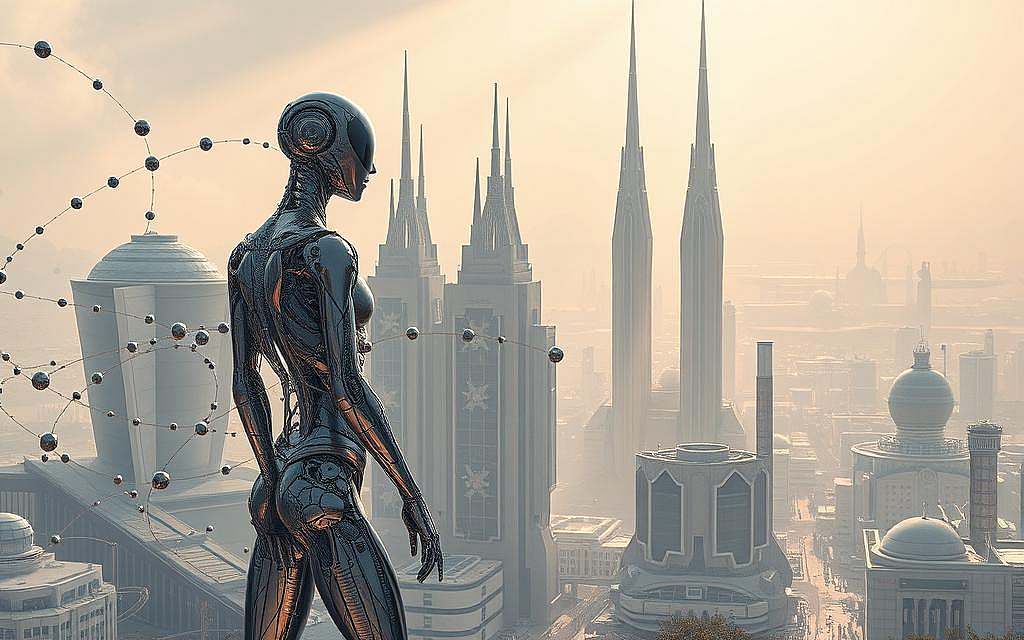 A futuristic landscape depicting the convergence of transhumanism and nanotechnology. In the foreground, a humanoid figure composed of sleek, metallic nanomachines stands resolute, their body a seamless integration of flesh and technology. Surrounding them, a swarm of microscopic nanobots dance and intertwine, forming intricate patterns that suggest the manipulation of cellular structures. In the middle ground, towering structures of gleaming steel and glass rise, housing advanced laboratories where scientists in clean-room suits conduct experiments on the very building blocks of life. Shafts of warm, diffused light filter through the windows, casting a gentle glow over the scene. The background depicts a sweeping, futuristic cityscape, its skyline dotted with spires and domes that hint at the technological marvels within. A hazy, ethereal atmosphere lends an air of wonder and uncertainty, as the boundaries between human and machine become increasingly blurred.