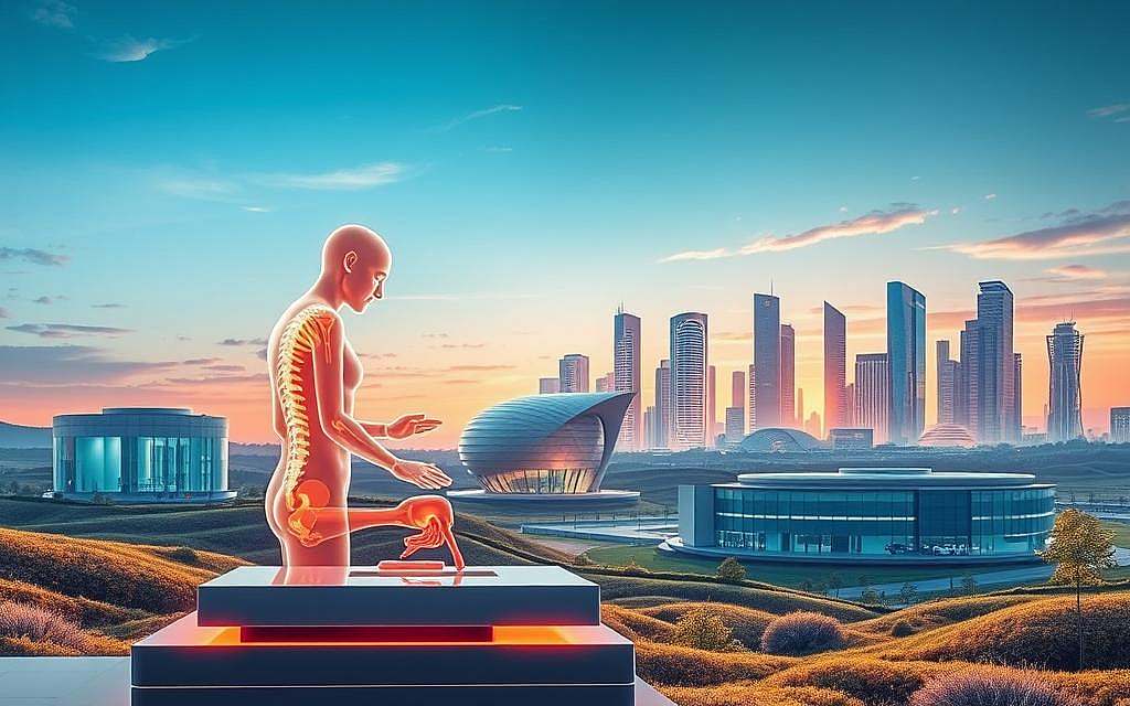 A futuristic landscape depicting the evolution of osteopathy in Germany. In the foreground, a holographic figure of an osteopath performs a treatment using advanced technologies. The middle ground features sleek, state-of-the-art medical facilities with cutting-edge diagnostic equipment. In the background, a skyline of modern, eco-friendly buildings symbolizes the integration of osteopathic practices into the healthcare system. Vibrant colors, clean lines, and a sense of technological progress convey the dynamic and innovative future of osteopathy in Germany.
