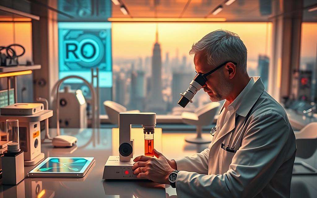 A futuristic medical laboratory, illuminated by warm, diffused lighting. In the foreground, a scientist in a white coat examines a sample of Rick Simpson Oil (RSO) under a high-powered microscope. The middle ground features advanced medical equipment, holographic displays, and sleek, minimalist furniture, hinting at the cutting-edge research and innovation happening in this space. The background depicts a panoramic view of a bustling city skyline, symbolic of the transformative potential of RSO in the broader medical landscape. The overall atmosphere conveys a sense of scientific curiosity, clinical precision, and optimism about the future of RSO in revolutionizing healthcare.