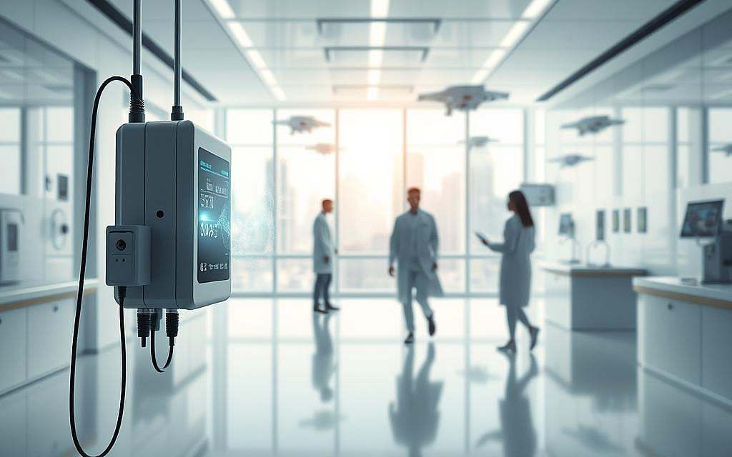 A futuristic vision of infusion therapy, showcasing advanced medical technology and innovative treatments. In the foreground, a sleek, minimalist infusion device hovers, its holographic interface displaying real-time patient data. In the middle ground, a serene hospital room with clean, white walls and floor-to-ceiling windows, bathed in soft, natural light. Doctors and nurses move with precision, their movements enhanced by augmented reality overlays. In the background, a cityscape of gleaming skyscrapers and hovering transport vehicles, symbolizing the integration of cutting-edge medical advancements with the urban landscape. The scene conveys a sense of hope, progress, and the boundless potential of infusion therapy in the future.