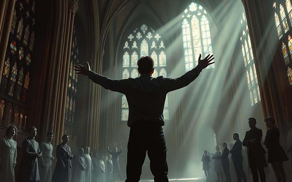 A grand, cathedral-like interior with towering arches and stained glass windows, but the space is shrouded in a somber, shadowy atmosphere. In the center, a lone figure stands defiantly, their back turned to the viewer, arms outstretched in a gesture of rejection towards the divine. Surrounding them, ghostly silhouettes of skeptical onlookers peer from the shadows, their expressions conveying a sense of questioning and disillusionment. The lighting is dramatic, with beams of light piercing through the stained glass, casting an eerie, ethereal glow. The overall mood is one of intellectual and spiritual rebellion, a challenge to the established order of religious dogma.